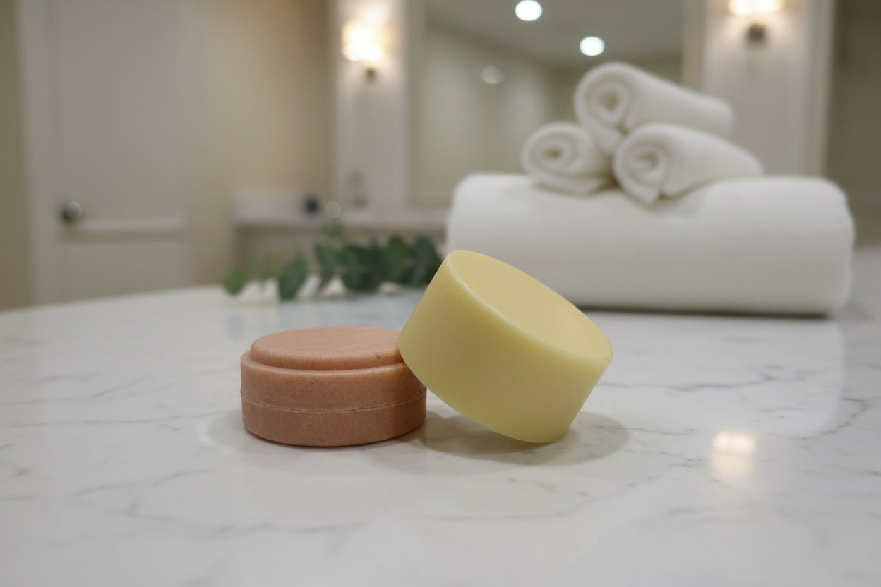 Two cylindrical objects in the form of shampoo and conditioner bars, one pink and one yellow, on a white surface.