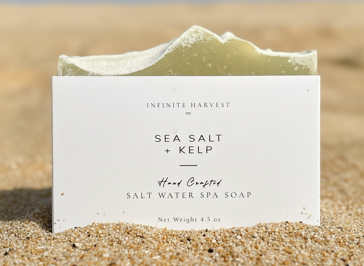 A bar of Salt Water Spa Soap called Sea Salt + Kelp