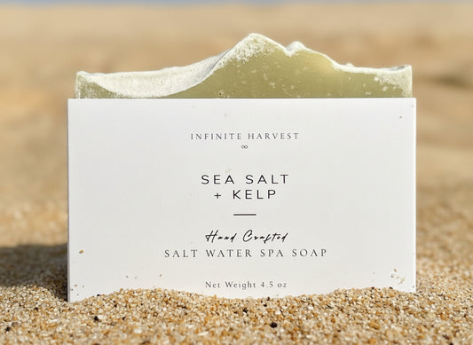 A bar of Salt Water Spa Soap called Sea Salt + Kelp