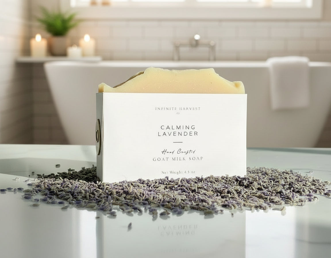 A bar of Goat Milk Soap called Calming Lavender