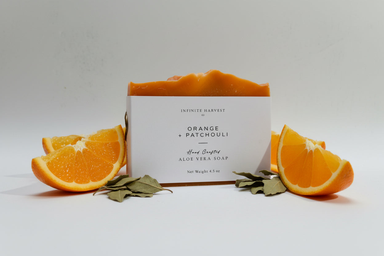 A Bar of soap called Orange + Patchouli Aloe Vera Soap
