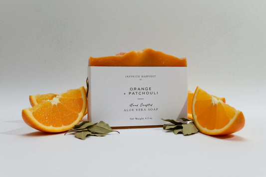 A Bar of soap called Orange + Patchouli Aloe Vera Soap