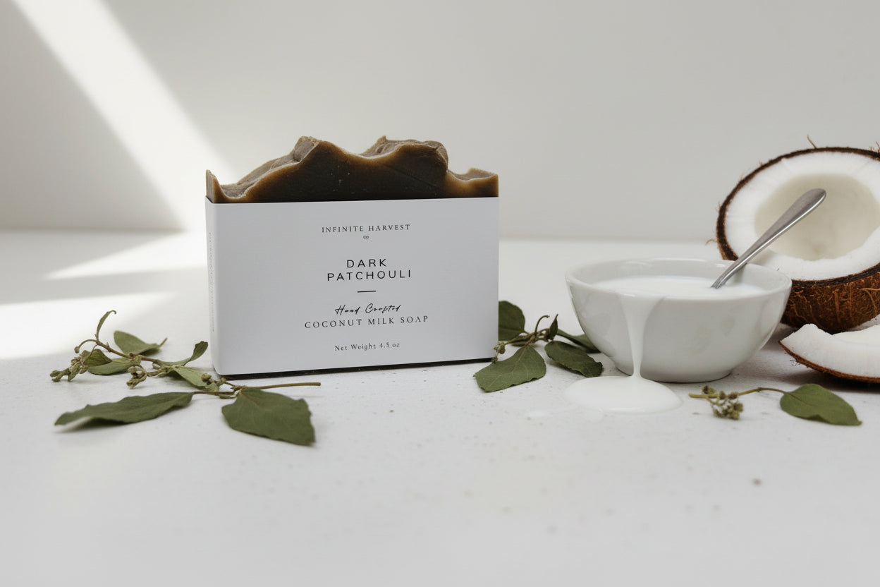 A Bar of soap called Dark Patchouli Coconut Milk Soap