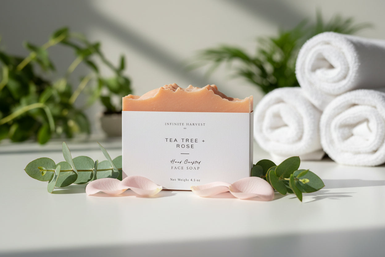 A Bar of soap called Tea Tree + Rose Face Soap