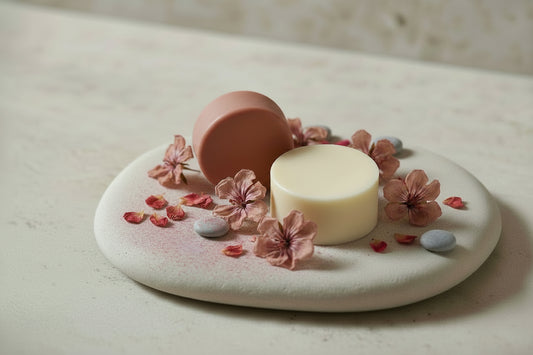 solid shampoo and conditioner bars on a natural stone surface.