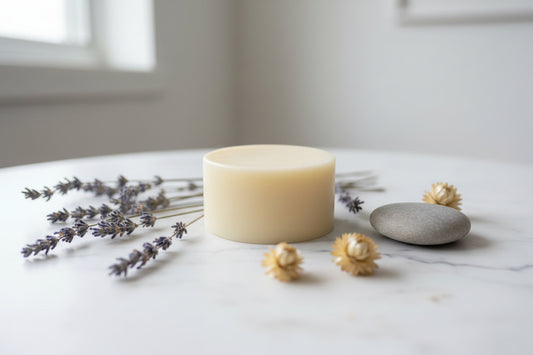 Round beige conditioner bar on a white surface