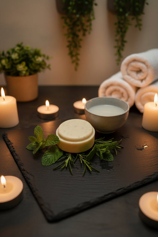 Round beige solid shampoo bar on dark surface, with white candles and rolled white spa towels. 