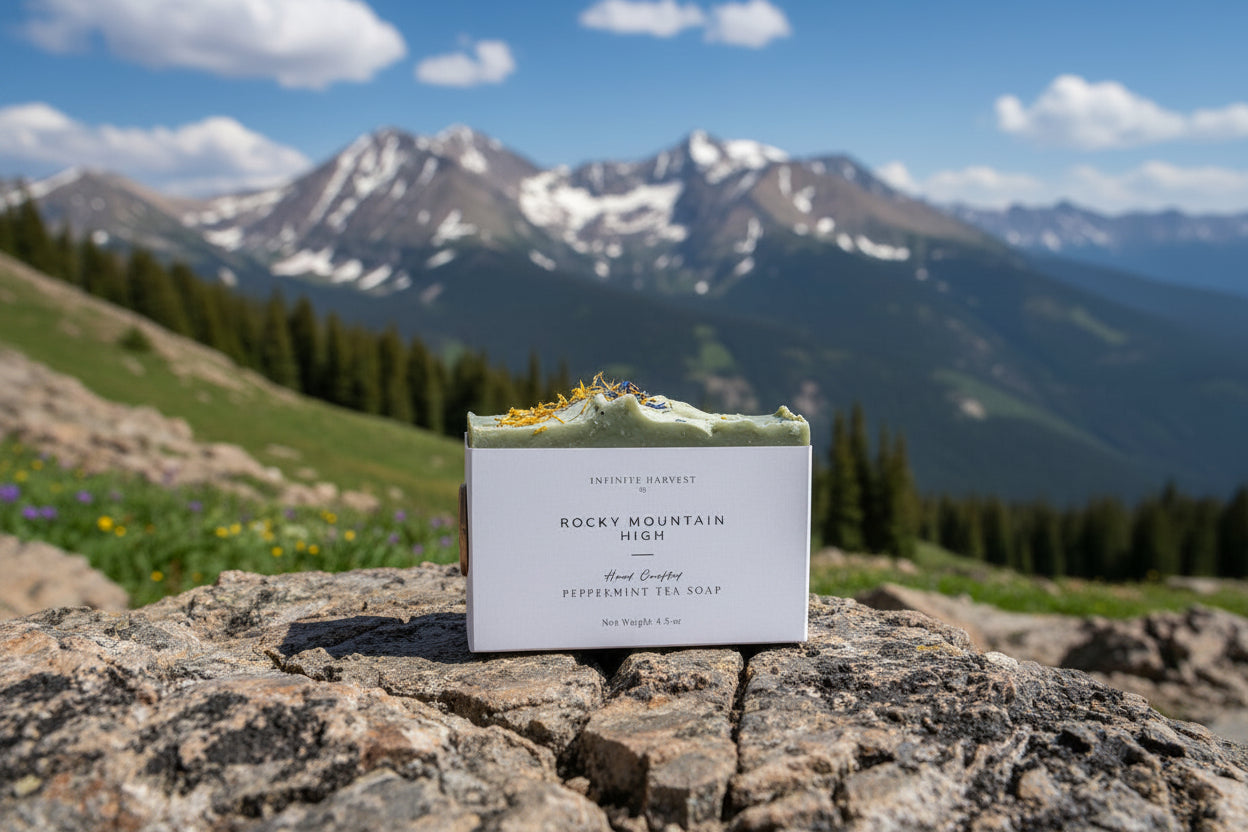 Bar of soap with packaging labeled 'Rocky Mountain High' on a rocky outcrop with mountains in the background.