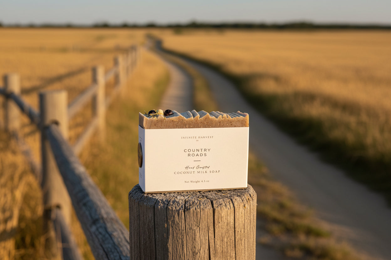 Bar of soap labeled "Country Roads," set upon a wooden fence post, with sprawling country road in the background.