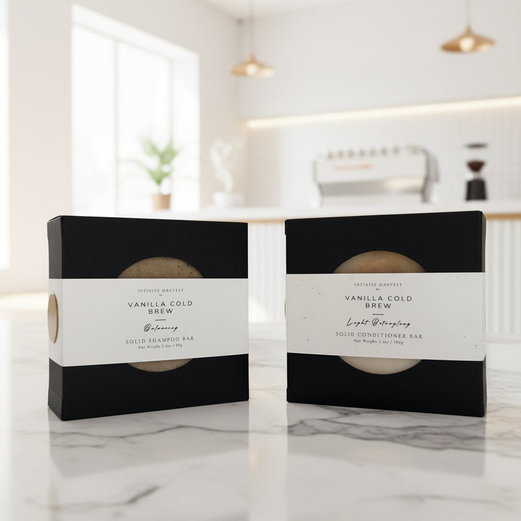 Two Vanilla Cold Brew shampoo and conditioner bars in black and white packaging on a white kitchen background