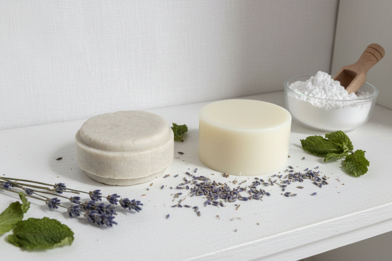 Two round solid shampoo and conditioner bars.