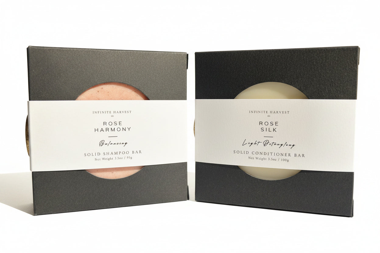 solid shampoo bar on the left called rose harmony and solid conditioner bar on the right called rose silk
