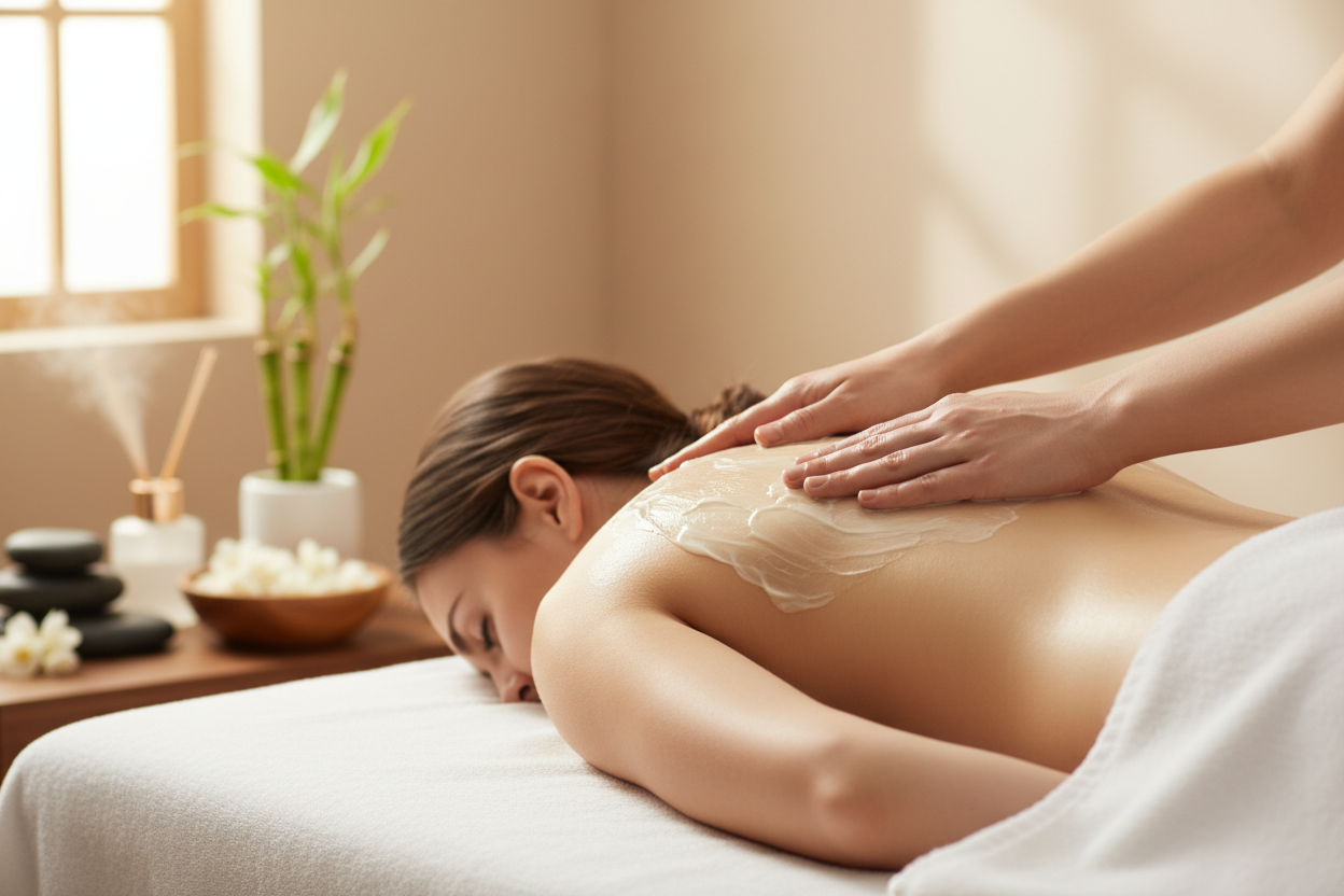 Picture of magnesium lotion being rubbed onto the back of a woman