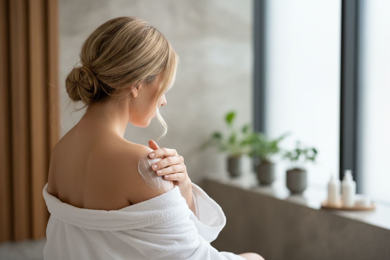 Picture of a woman rubbing magnesium lotion on her right shoulder
