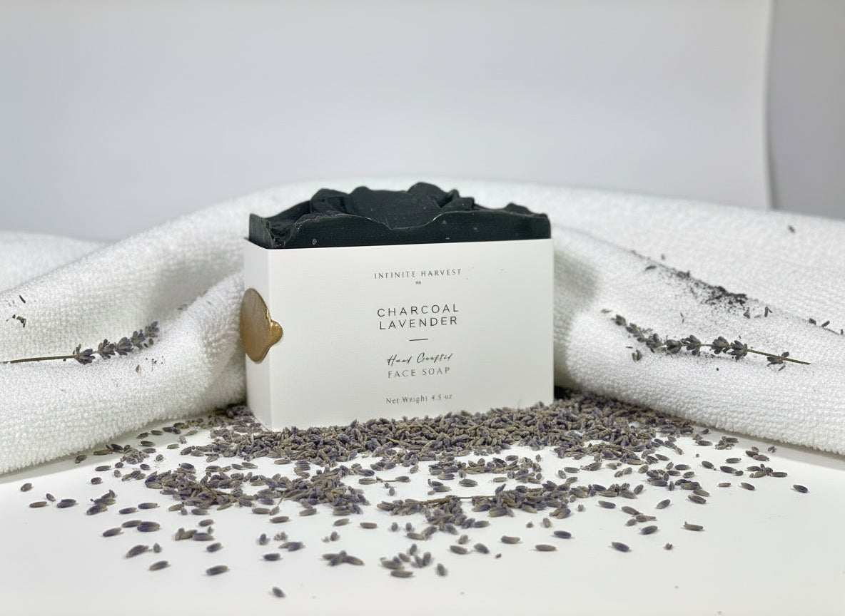 Bar of Charcoal face soap called Charcoal Lavender