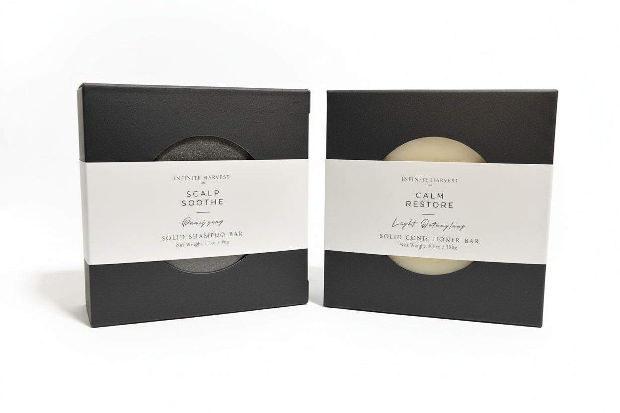 Solid shampoo bar called Scalp soothe and a solid conditioner bar called Calm Restore. 