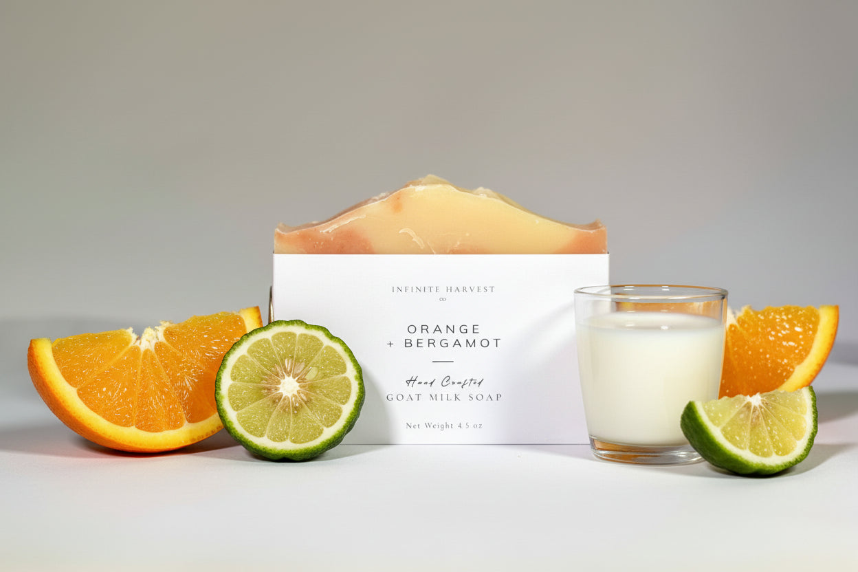 bar of goat milk soap called Orange + Bergamot