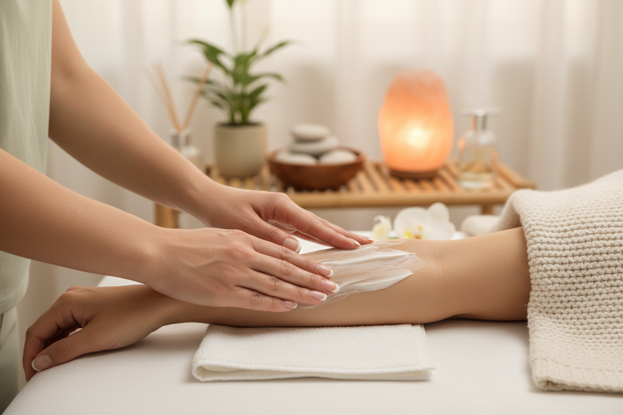 Picture of magnesium lotion being rubbed onto a woman's arm