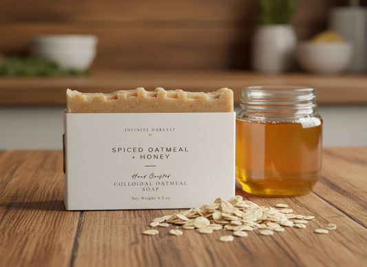 bar of colloidal oatmeal soap called Spiced Oatmeal + Honey